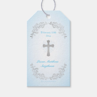 Étiquettes-cadeau Baptêmes Cadeau Croix Bleue Argent