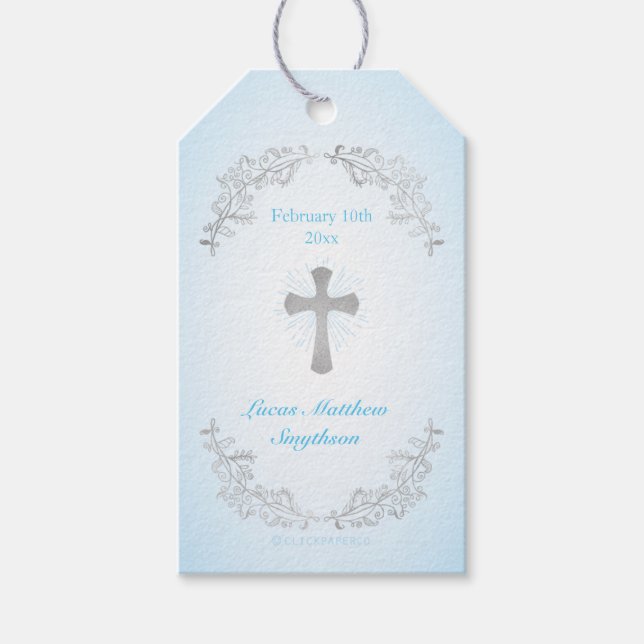 Étiquettes-cadeau Baptêmes Cadeau Croix Bleue Argent (Devant)