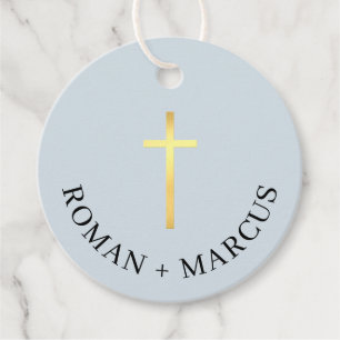 Étiquettes Cadeau BAPTISM MERCI grand or croix bébé bleu Favou