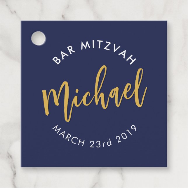 Étiquettes Cadeau BAR MITZVAH faveur marine moderne calligraphie or  (Devant)