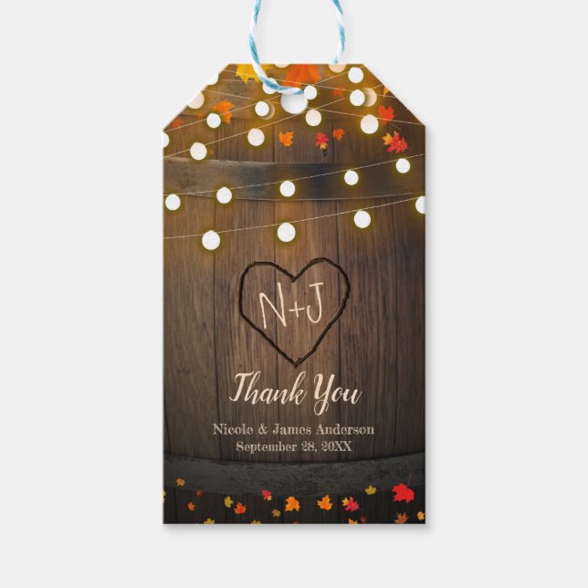 Étiquettes-cadeau Baril en bois Feuilles et lumières Mariage rustiqu (Devant)