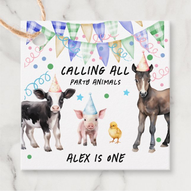 Étiquettes Cadeau Barnyard Farm Animaux 1er anniversaire (Devant)