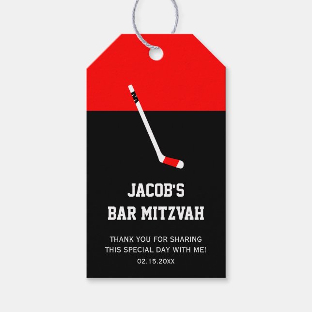 Étiquettes-cadeau Barre rouge noire de hockey Mitzvah (Devant)