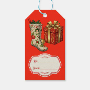Étiquettes-cadeau Bas de Noël Rouge Rétro Vintage