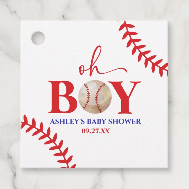 Étiquettes Cadeau Baseball Oh Boy Red Baby shower blanc (Devant)
