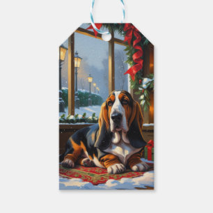 Étiquettes-cadeau Basset Hound avec lumières de Noël vacances