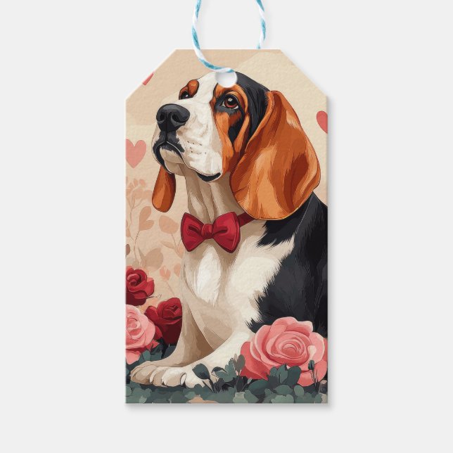 Étiquettes-cadeau Basset Hound avec Roses - Saint Valentin (Devant)