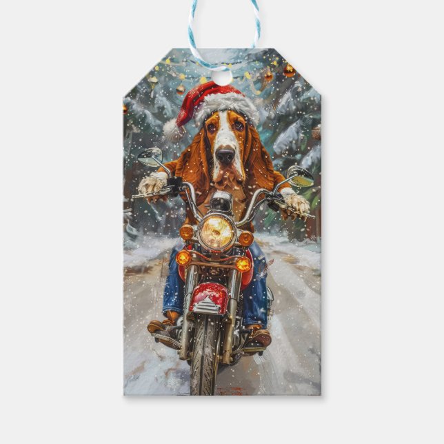 Étiquettes-cadeau Basset Hound Chien équitation Moto Noël (Devant)