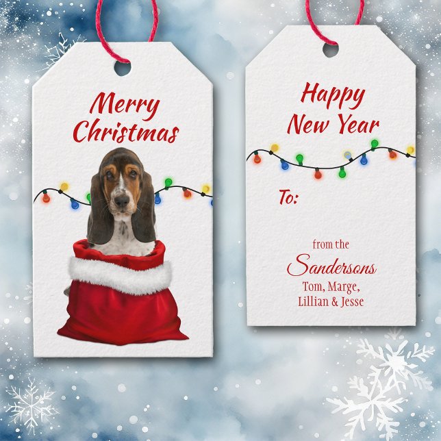 Étiquettes-cadeau Basset Hound Dog dans le sac Père Noël (Créateur téléchargé)