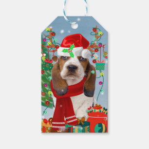 Étiquettes-cadeau Basset Hound Dog en neige avec cadeaux de Noël