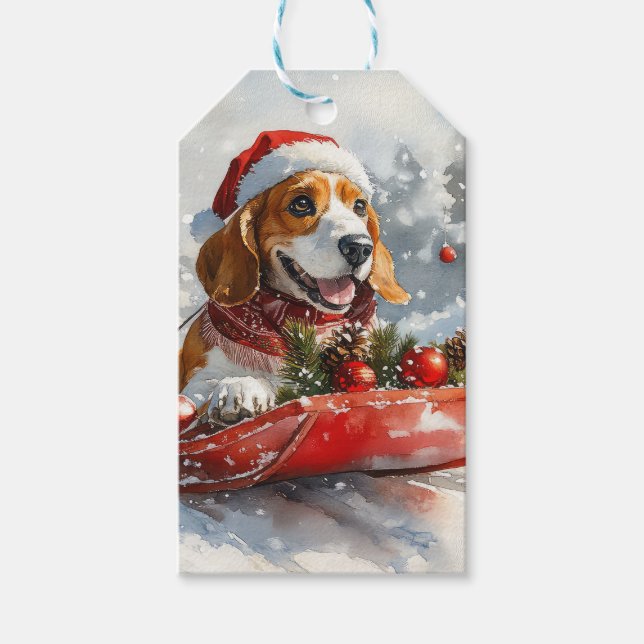 Étiquettes-cadeau Basset Hound Dog in Sledge Let it Neige Noël (Devant)