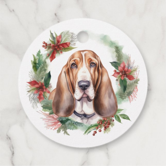 Étiquettes Cadeau Basset Hound Festive Wreath de Noël Pup (Dos)