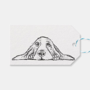 Étiquettes-cadeau basset hound noir blanc yeux de chiot simple