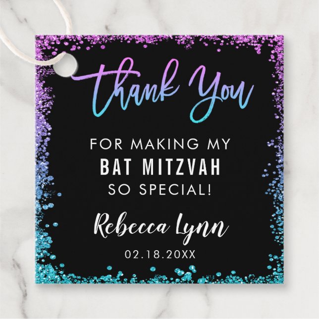 Étiquettes Cadeau Bat mitzvah de Parties scintillant Turquoise viole (Devant)