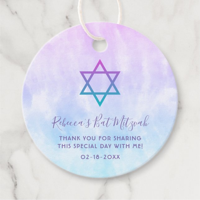 Étiquettes Cadeau Bat mitzvah de teinture Turquoise pourpre (Devant)