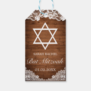 Étiquettes-cadeau Bat mitzvah en bois rustique et dentelle blanche