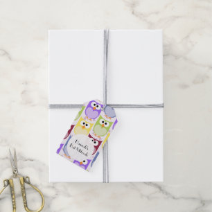 Étiquettes-cadeau Bat mitzvah - hiboux colorés - pourpre vert-bleu