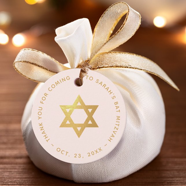 Étiquettes Cadeau Bat Mitzvah Pink Faux Gold Star of David Thank You (Créateur téléchargé)