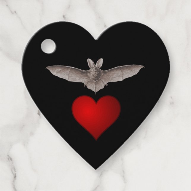Étiquettes Cadeau Batty Bat love Gray Bat avec Red Heart sur Black (Devant)