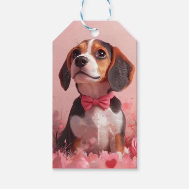 Étiquettes-cadeau Beagle avec des roses - Saint-Valentin (Devant)