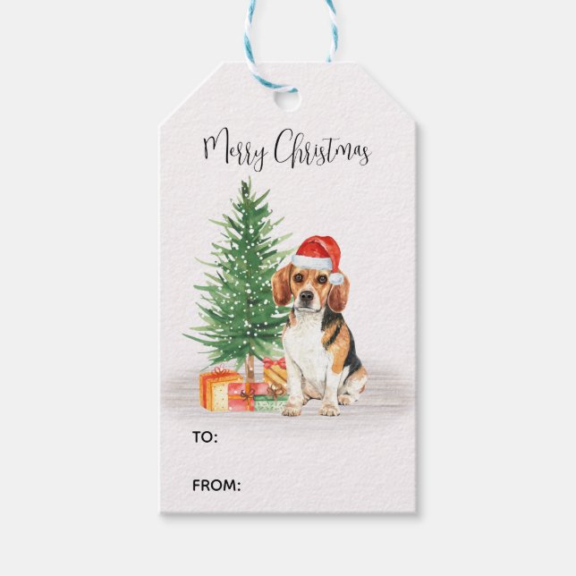 Étiquettes-cadeau Beagle Chien Cute Père Noël Festive Noël (Devant)