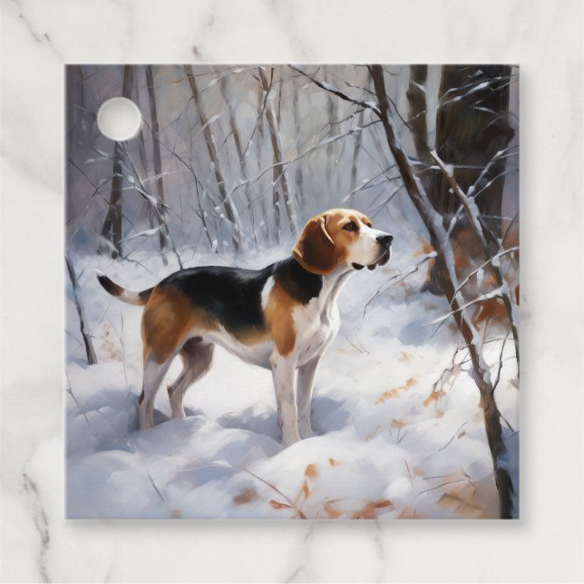 Étiquettes Cadeau Beagle Noël sous la neige (Devant)