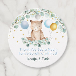Étiquettes Cadeau Bear Greenery Gold Blue Baby shower Merci