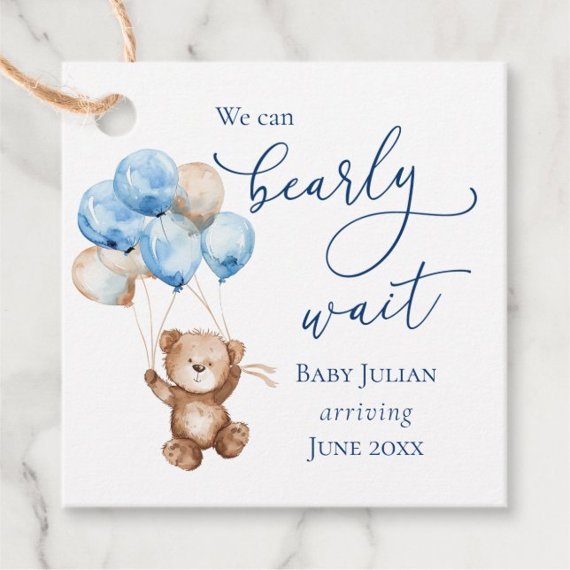 Étiquettes Cadeau Bearly Wait Blue Teddy Bear Baby shower (Devant)
