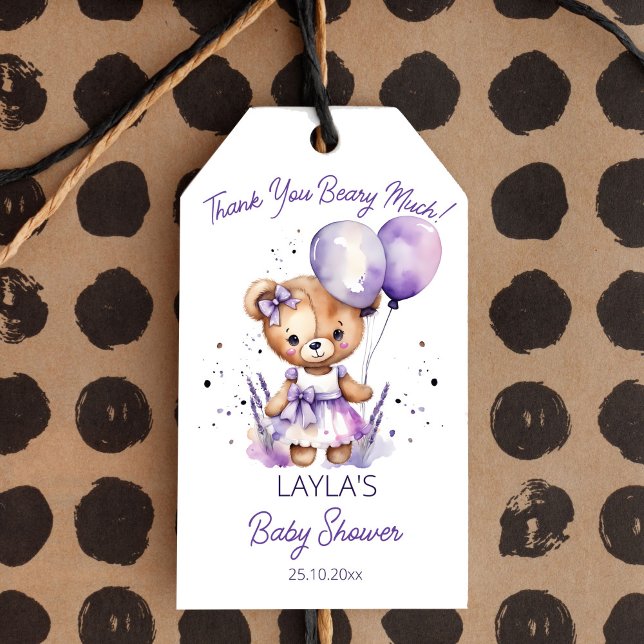 Étiquettes-cadeau Beary teddy ours violet baby shower merci favo (Beary cute purple teddy bear balloons baby shower thank you favor gift tags cute girl teddy bow dres)