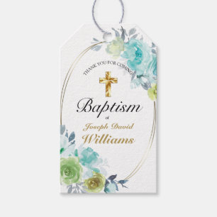 Étiquettes-cadeau Beau bleu Floral Croix d'or Baptême bébé