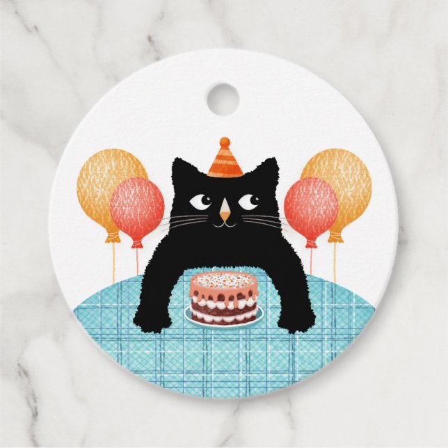Étiquettes Cadeau Beau chat noir et gâteau d'anniversaire Favoriser  (Devant)