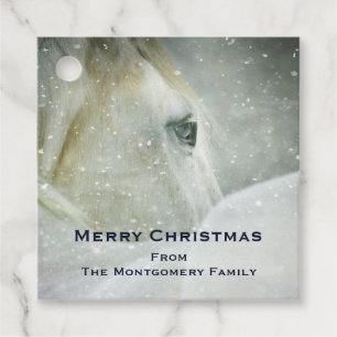 Étiquettes Cadeau Beau Cheval Blanc en hiver Photo Noël