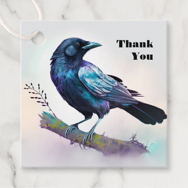 Étiquettes Cadeau Beau corbeau sur un Merci de branche d'arbre (Devant)
