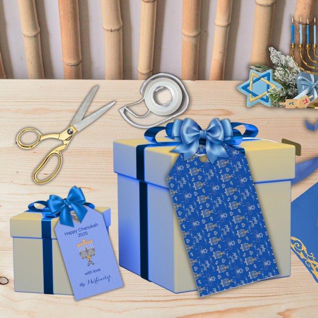 Étiquettes-cadeau Beautiful Elegant Blue Hanukkah Menorah (Créateur téléchargé)