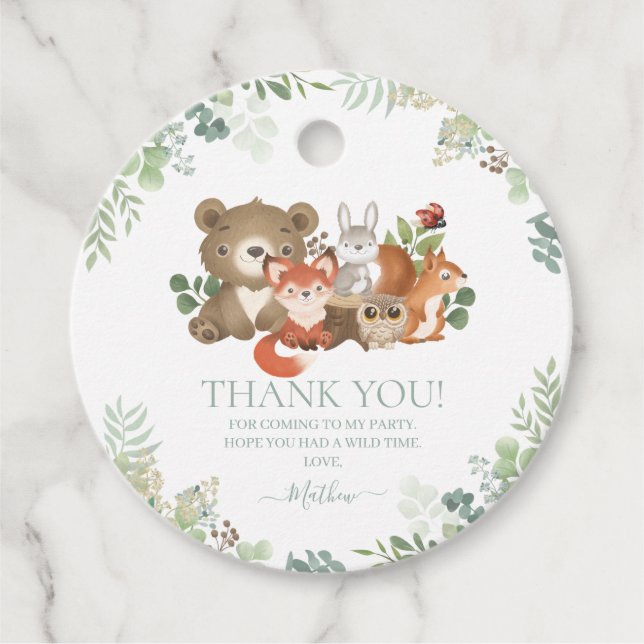 Étiquettes Cadeau Beaux animaux de bois Baby shower de verdure (Devant)