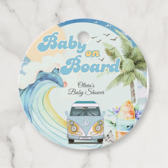 Étiquettes Cadeau Bébé à bord Baby shower de plage Retro Surfing (Devant)