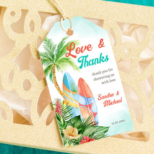 Étiquettes-cadeau Bébé à bord du baby shower tropical de surf merci