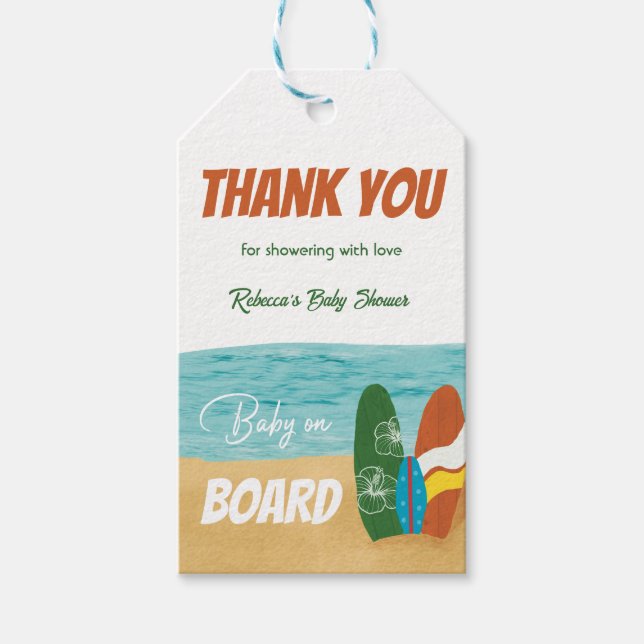 Étiquettes-cadeau Bébé à bord surf Baby shower de plage tropical (Devant)