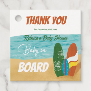 Étiquettes Cadeau Bébé à bord surf Baby shower de plage tropical
