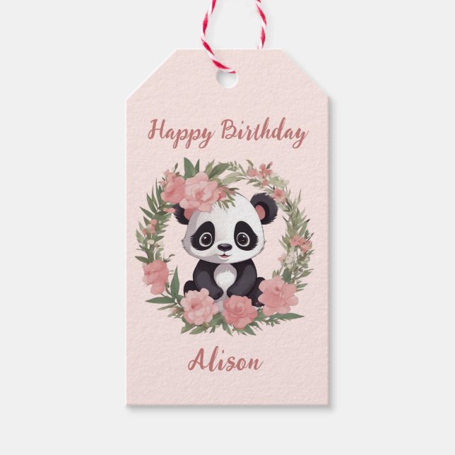 Étiquettes-cadeau Bébé adorable Panda Ours avec fleurs (Devant)