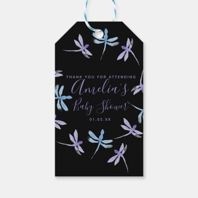 Étiquettes-cadeau Bébé arrive - Libellules Peintes à la Main (Devant)