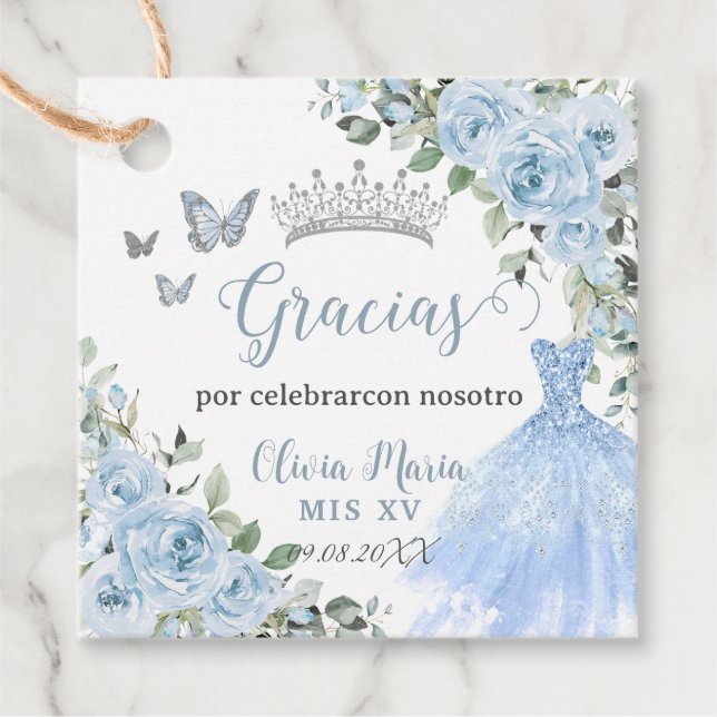 Étiquettes Cadeau Bébé Bleu Floral Princesse Robe Argent Quinceañera (Devant)