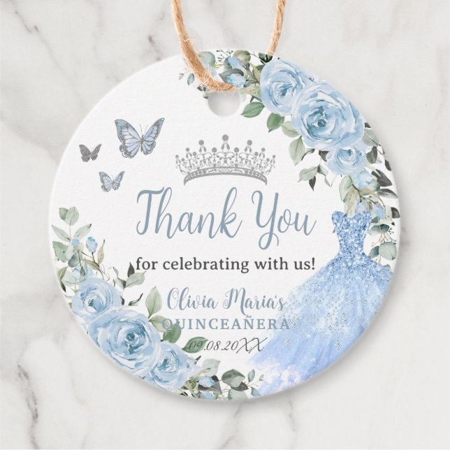 Étiquettes Cadeau Bébé Bleu Floral Princesse Robe Argent Quinceañera (Devant)