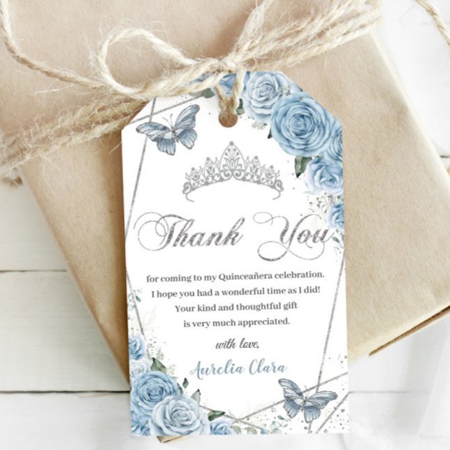 Étiquettes-cadeau Bébé Bleu Floral Quinceanera Papillons en argent (Créateur téléchargé)