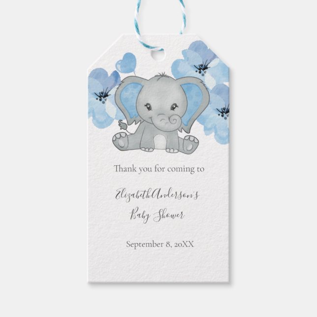 Étiquettes-cadeau Bébé bleu garçon éléphant Baby shower fleurs ballo (Devant)