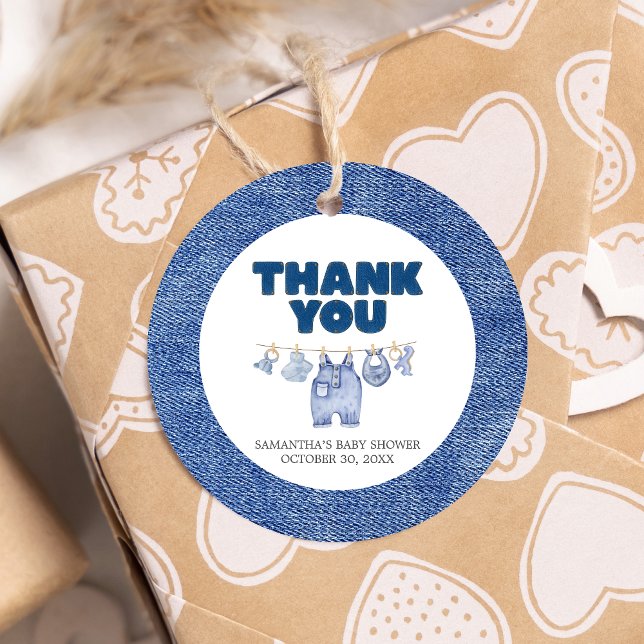 Étiquettes Cadeau Bébé bleu Jean Baby shower rond (Blue Jean Denim Baby Shower Favor Tags)
