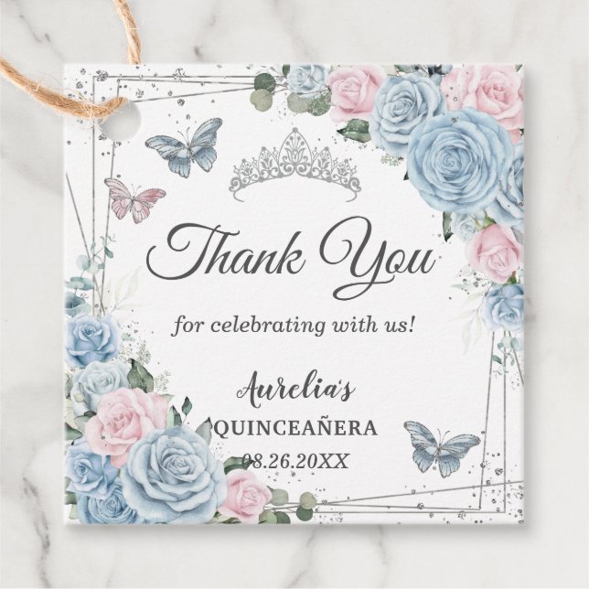 Étiquettes Cadeau Bébé bleu lumière rose floral papillon Quinceañera (Devant)