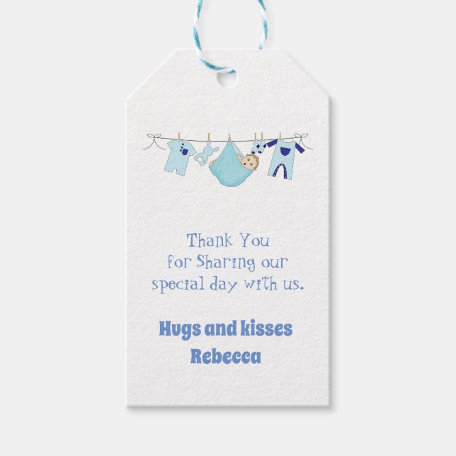 Étiquettes-cadeau Bébé bleu mignon Illustration Merci Tags cadeaux (Devant)