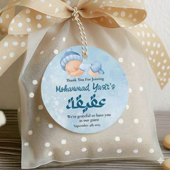 Étiquettes Cadeau Bébé bleu musulman nouveau-né garçon Aqeeqah (Créateur téléchargé)