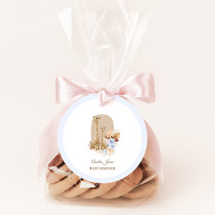 Étiquettes Cadeau Bébé Bleu Pampas Grass Baby shower de girafe